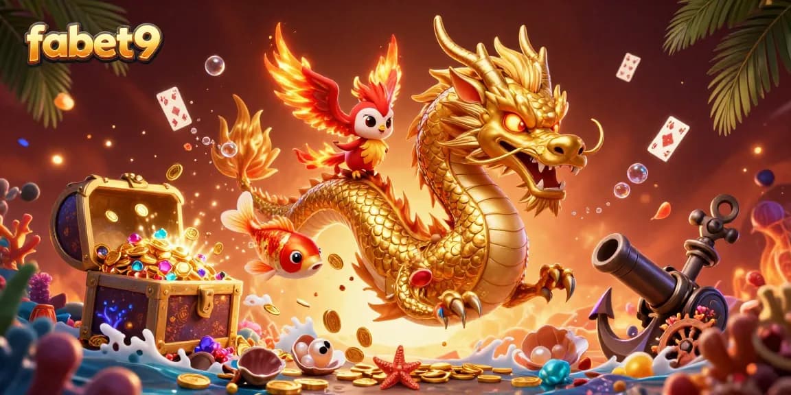 Experience thrilling wins with fabet9 in this vibrant 3D casino illustration featuring lucky dragons and gold coins.