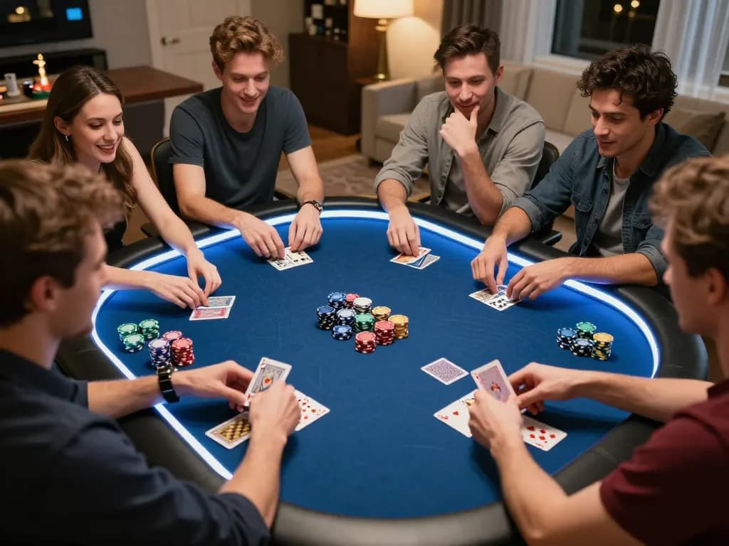 Engaged players at a home poker game celebrating their wins while enjoying EK333 online casino.