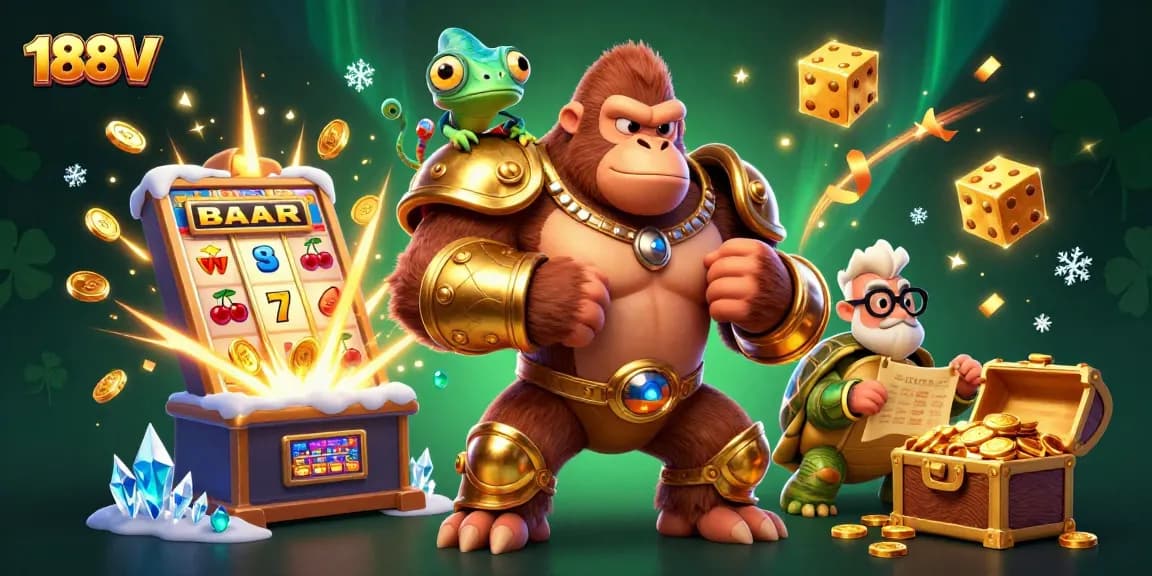 Experience the thrill of 188V casino games with a powerful gorilla king and a colorful chameleon.