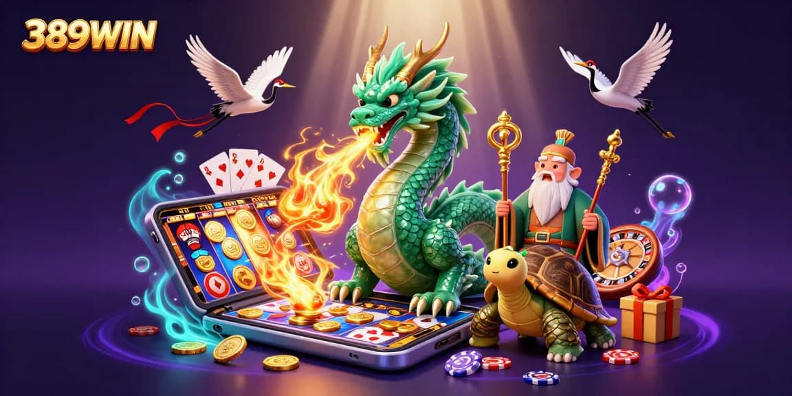 Experience thrilling gaming visuals with 389WIN showcasing a dragon and turtle in a vibrant casino scene.