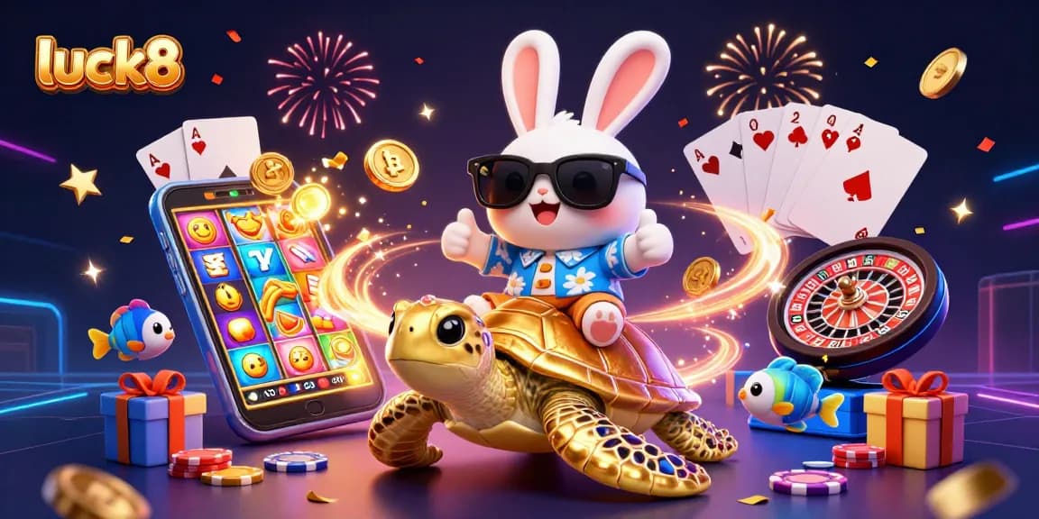 Engage with luck8's slot games through this vibrant scene featuring a lucky rabbit and golden turtle.