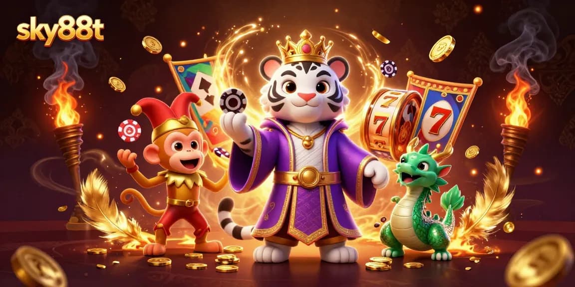 Experience the excitement at sky88t with a vibrant 3D casino scene featuring a playful tiger and monkey.