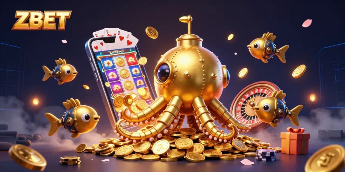ZBET unlocks chances of winning with a vibrant underwater casino adventure featuring a golden kraken and dynamic game elements.