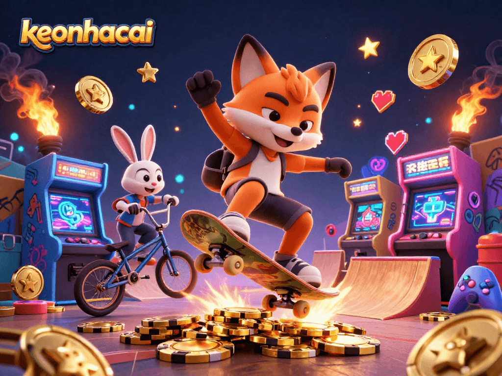 keonhacai showcases a dynamic 3D illustration of a skateboarder fox and BMX-riding rabbit in a vibrant casino