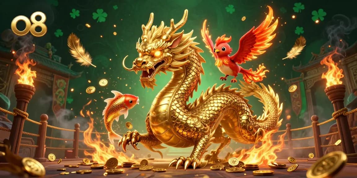 Experience thrilling wins with O8's vibrant casino scene featuring a dragon and phoenix.