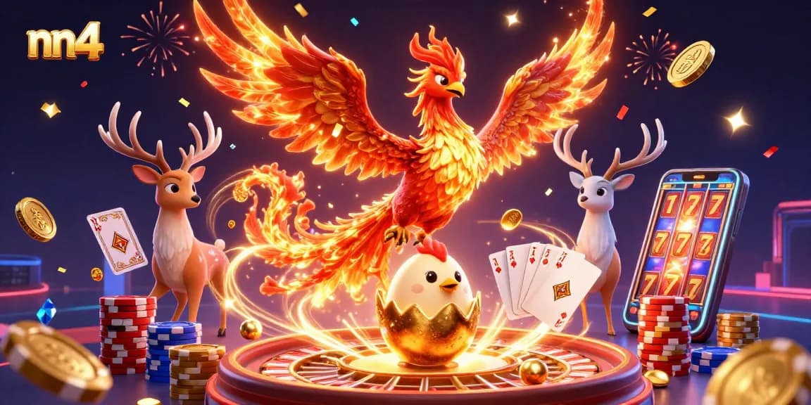 Engage in the thrill of gaming with nn4, featuring a phoenix, roulette, and coins.