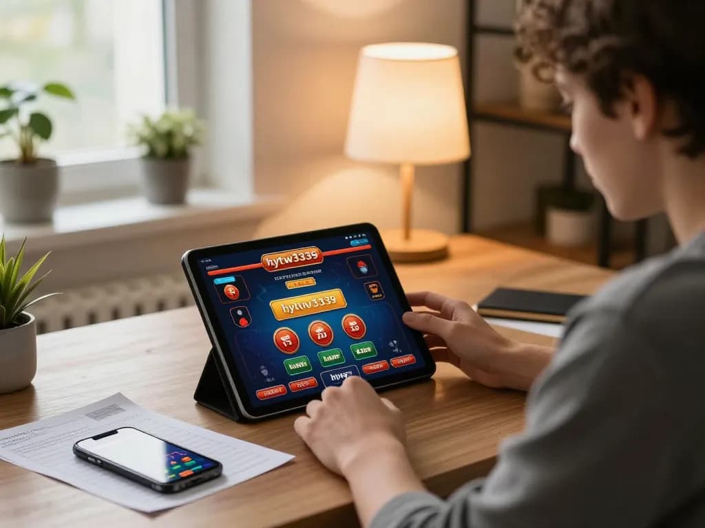 Engaging live scene of home gaming with hytw3339 displayed on tablet, promoting strategic play and responsible gambling.