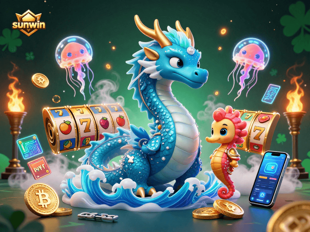 Play slots with sunwin featuring a dragon and a knight in a vibrant underwater world.