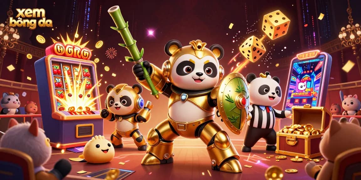 Xem bóng đá through a dynamic scene showcasing a golden panda in a mech suit surrounded by casino-themed elements and excitement.