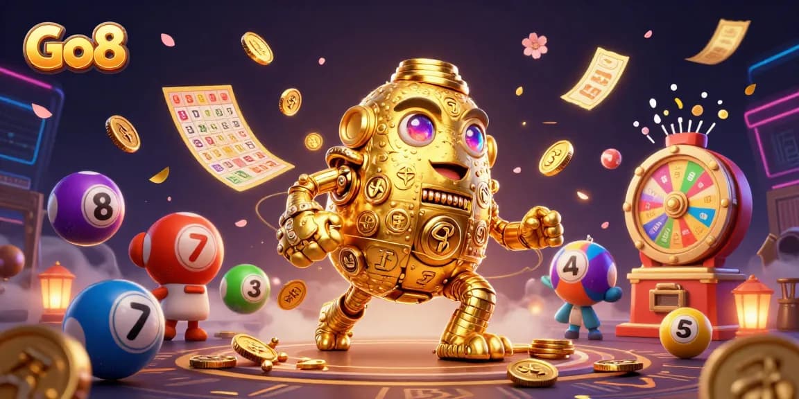 Experience the thrill of Go8 with vibrant lottery elements and a golden golem in action.