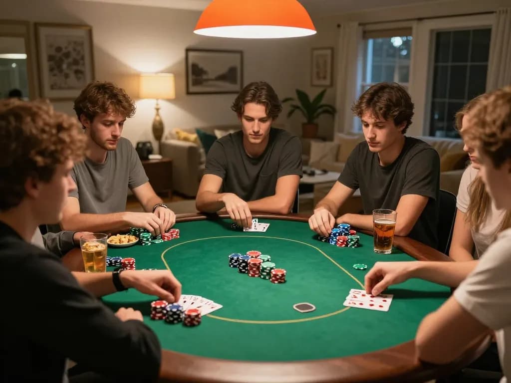 Friends strategizing at a home poker game night, highlighting the excitement of gambling at https://tr88.bio/ with colorful chips and drinks.