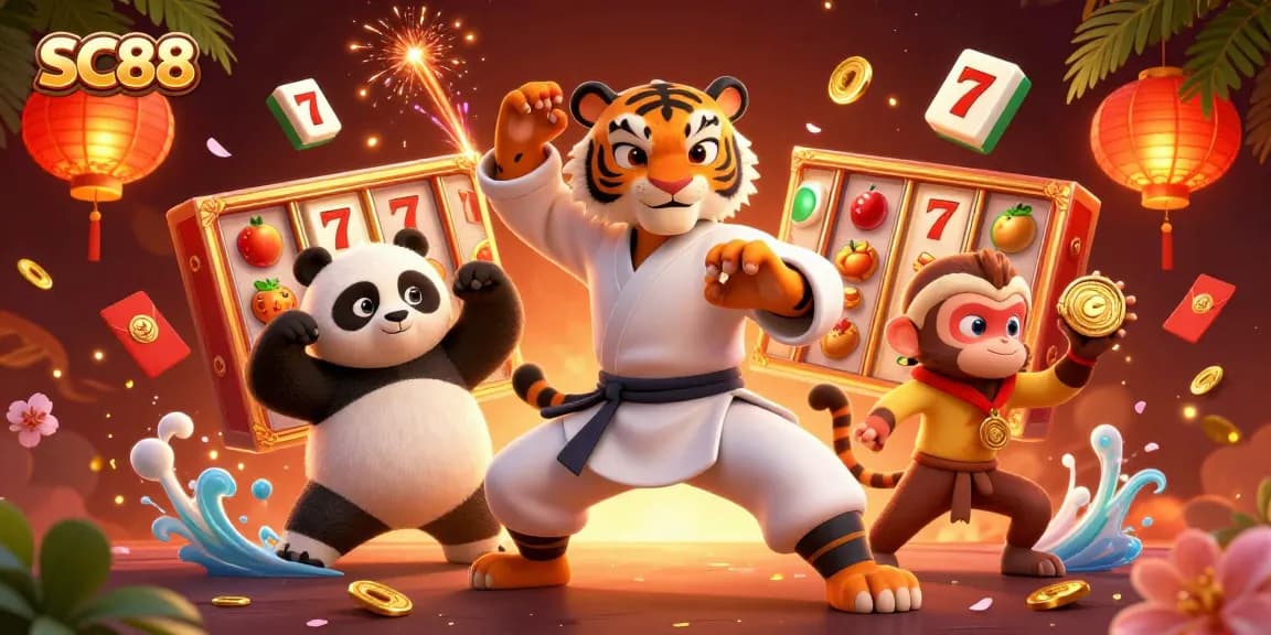 Engage with SC88 casino adventures featuring a kung fu tiger and panda amidst vibrant slots.