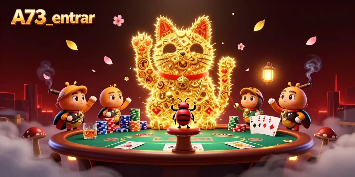 A73_entrar traz uma ilustração colorida e cheia de ação mostrando símbolos de cassino e um gato sortudo.
