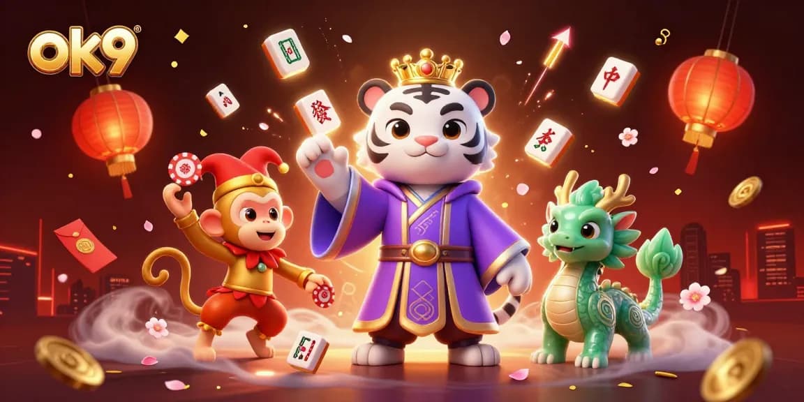 Engage with ok9's vibrant casino world featuring a royal tiger and jester monkey fun at gaming.