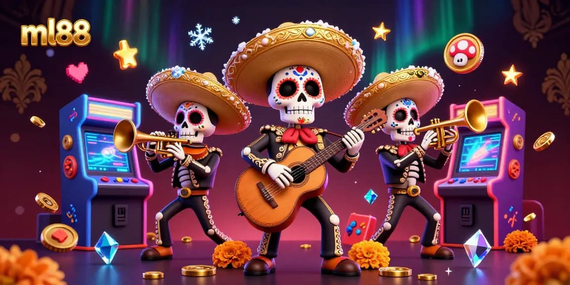Experience thrilling casino action with ml88 and a vibrant skeleton mariachi band amidst dynamic gaming elements.
