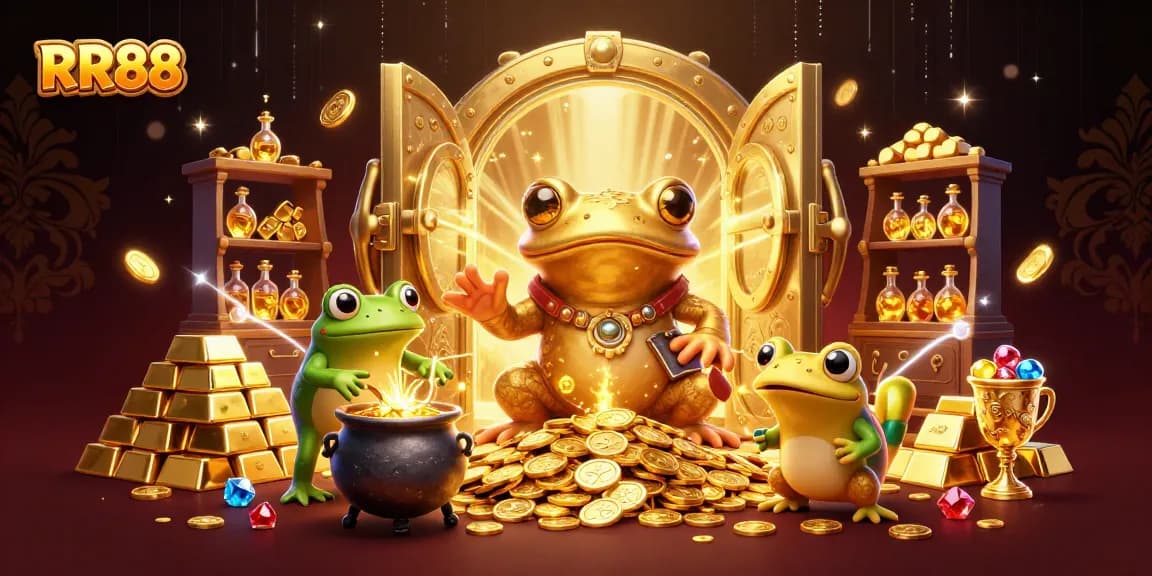 RR88 online casino features a magical scene with characters transforming metals into gold and treasures.