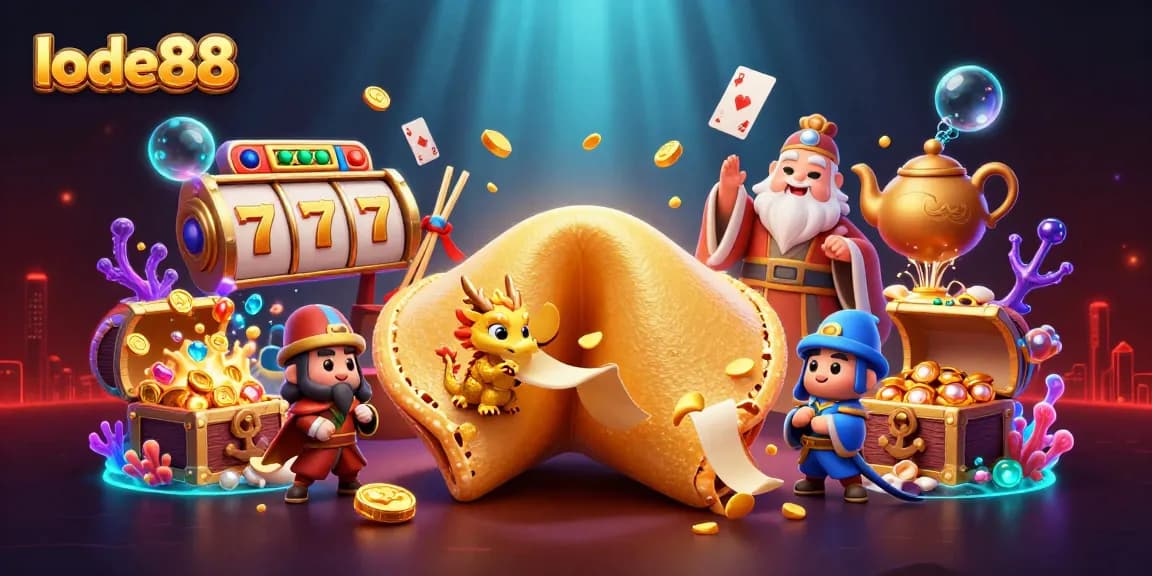 Engage with lode88's vibrant gaming universe, featuring a golden fortune cookie and dynamic slot elements.
