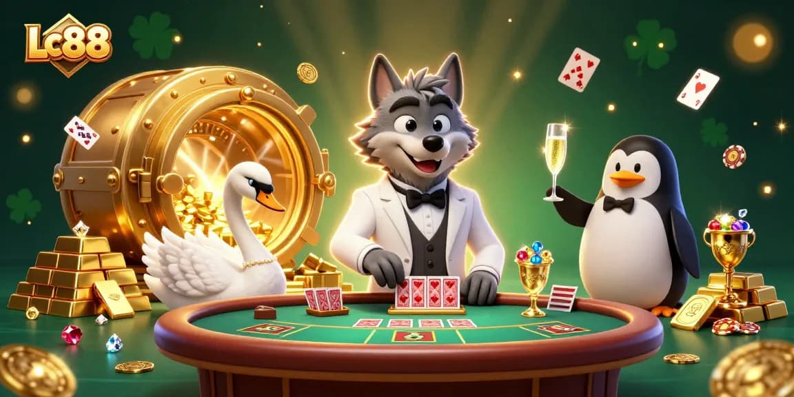 Experience thrill at Lc88 with a 3D scene of lively casino characters and vibrant game elements.