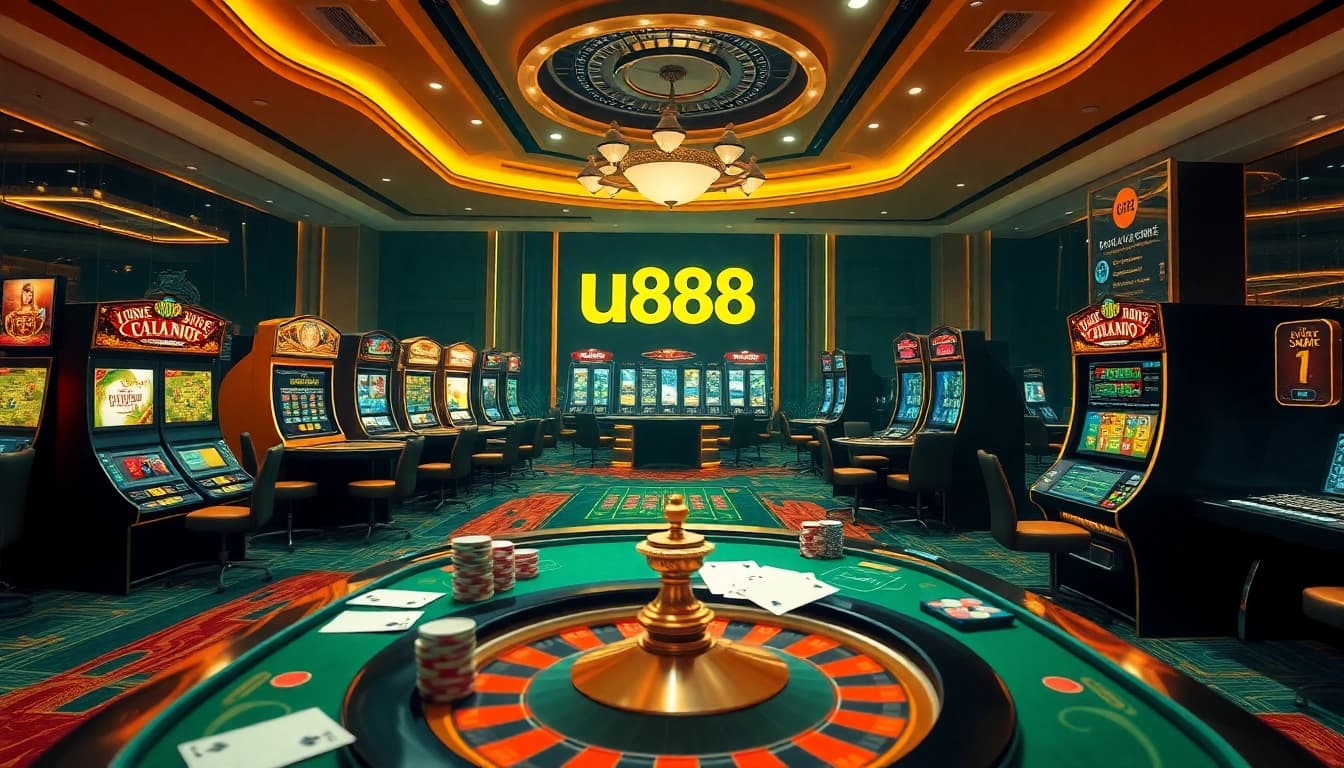 Experience the excitement of u8888 gaming with vibrant casino tables, lively poker chips, and spinning roulette wheels.