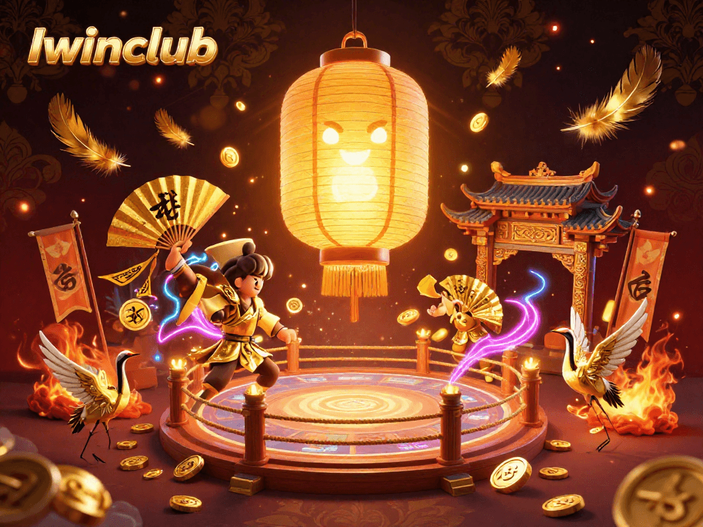 Experience the thrill at Iwinclub's vibrant casino with golden lanterns and dynamic game elements.