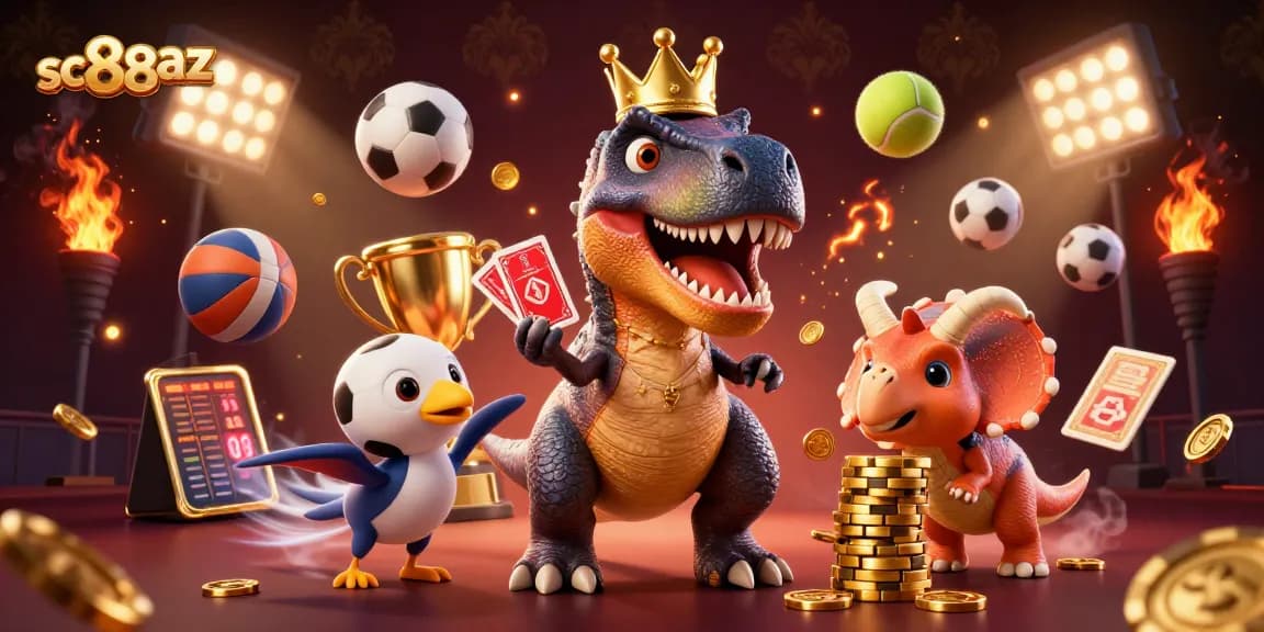 Play exciting games at sc88az with a T-Rex dealer, a pterodactyl assistant, and chips stacked high.