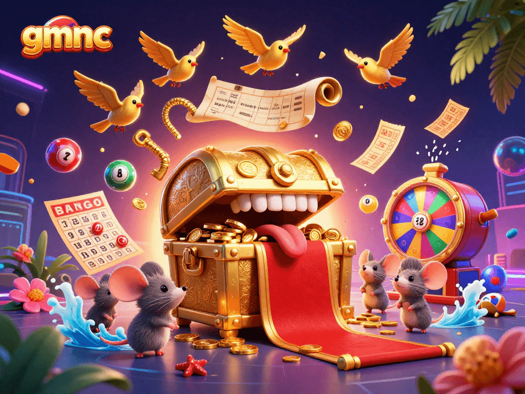 Experience gmnc lottery excitement with vibrant balls, golden prizes, and adventurous mice in a dynamic casino illustration.