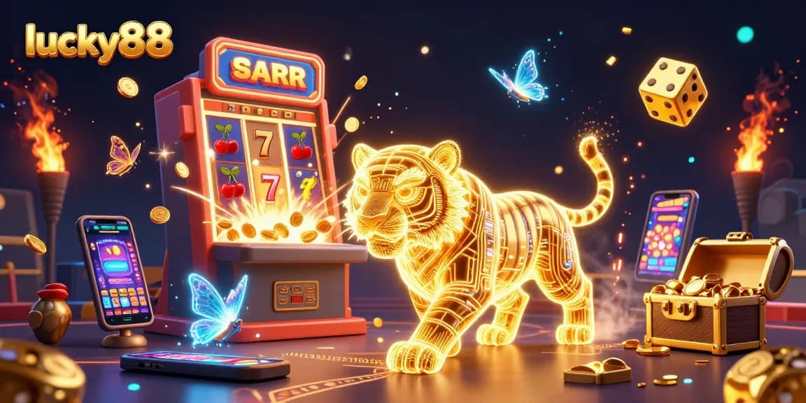 Play the lucky88 slot machine in a vibrant, dynamic casino scene bursting with excitement and rewards.