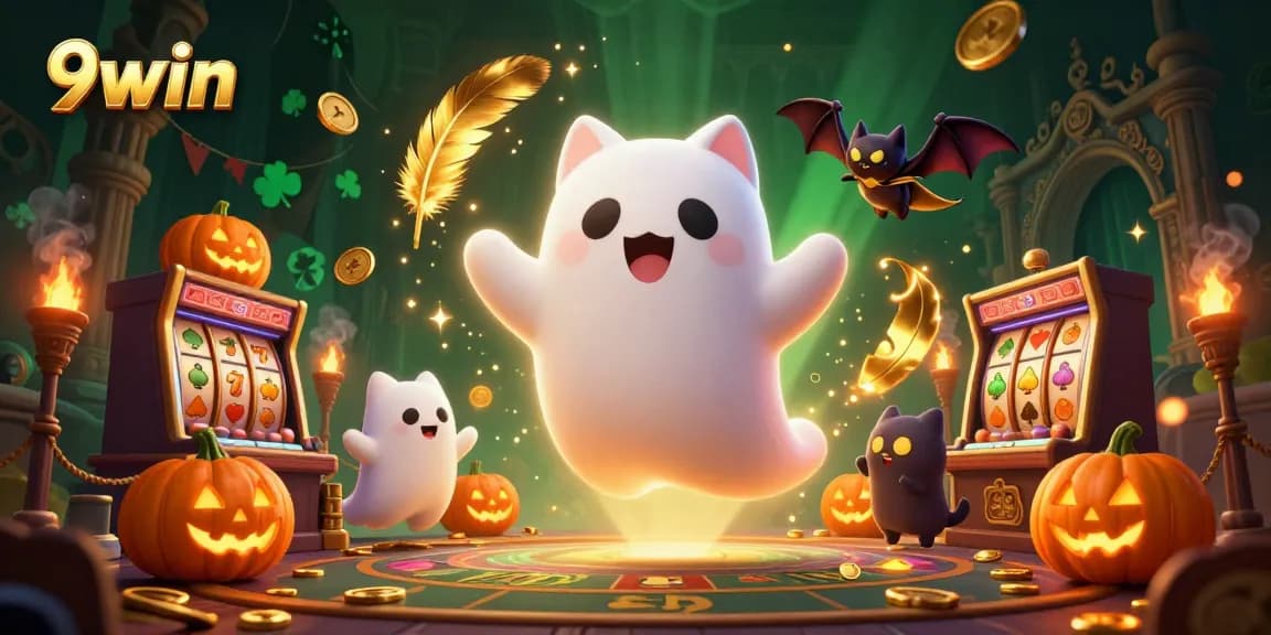 Win at 9win with a friendly ghost cat in a vibrant haunted casino scene.