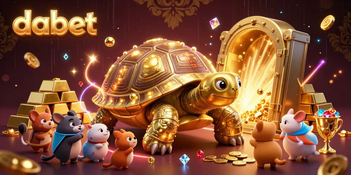 Dabet players engage with a vibrant, golden casino scene featuring a colossal golden tortoise and treasure elements.