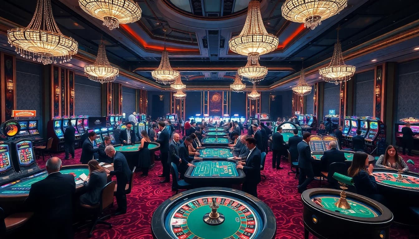 Capture a emoção do cassino online que paga de verdade com mesas de luxo e jogadores entusiasmados em um ambiente de cassino vibrante.