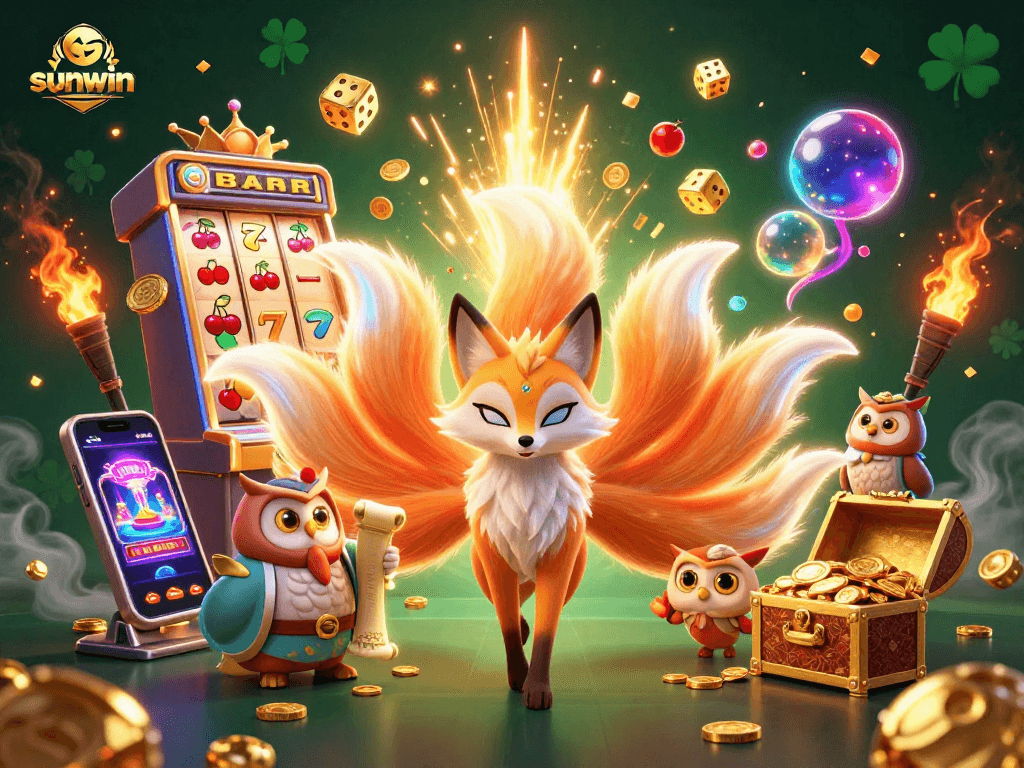 Experience the excitement of sunwin with vibrant spirits surrounded by slot machines and gaming action.