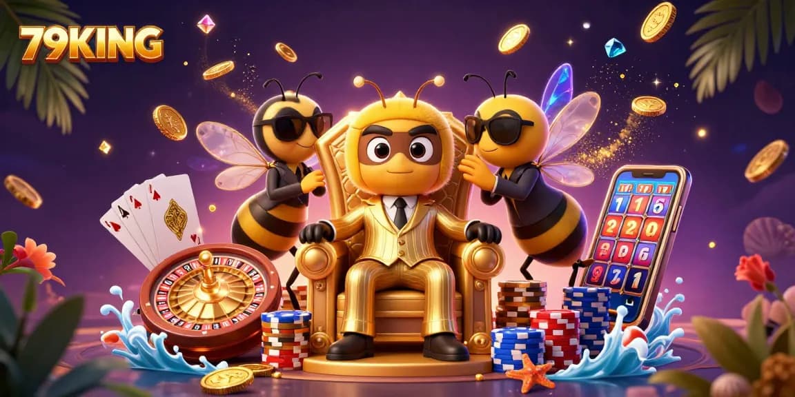 Engage with 79KING's thrilling gaming atmosphere featuring a bumblebee mob boss amidst coins and gems.