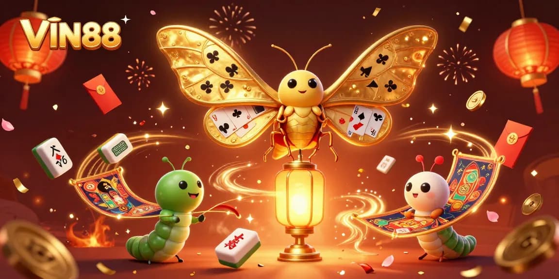 Experience the excitement of VIN88 with a vibrant casino-themed 3D illustration filled with dynamic elements.
