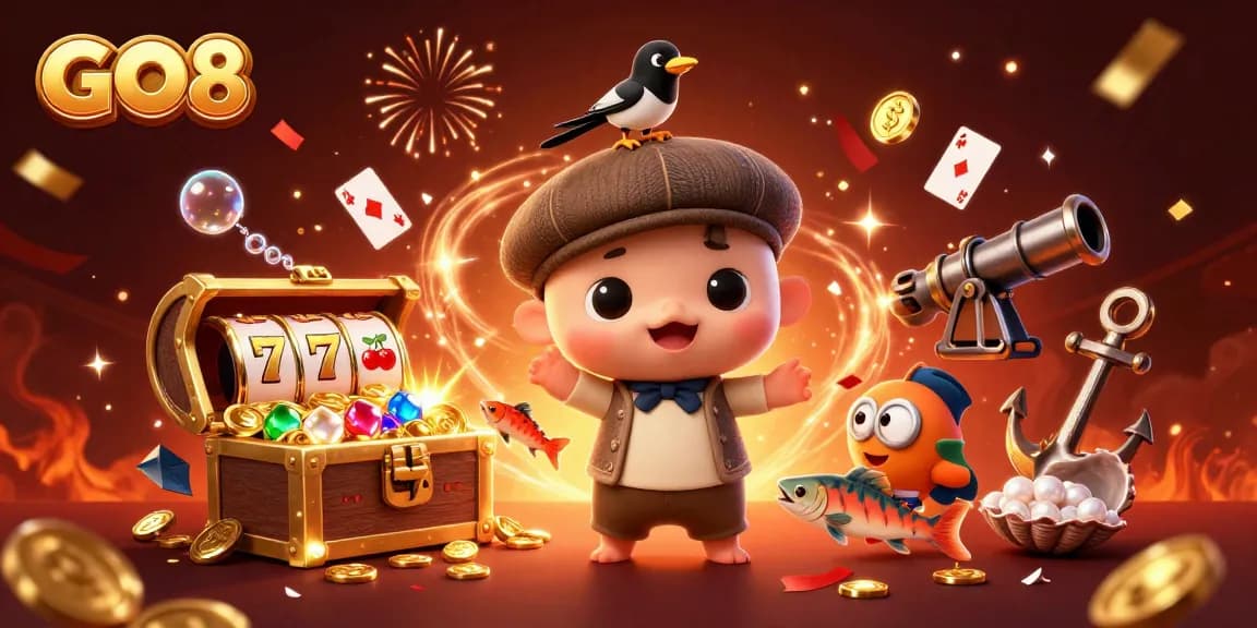 Engage with GO8's exciting slot game adventure featuring playful cartoon characters and treasures.
