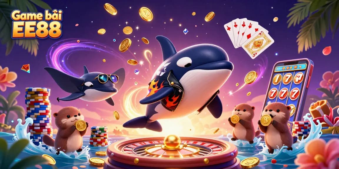 Play exciting Game bài EE88 with orca, stingray, and otter family amid casino elements.