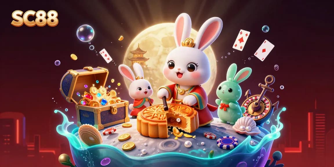 Engage with SC88 through a vibrant casino-themed 3D illustration featuring a lunar moon rabbit.