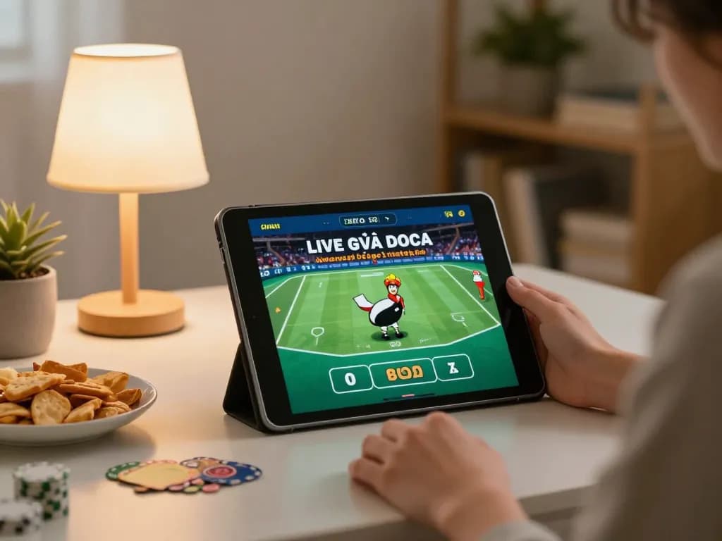 Engaging live gà đá trực tiếp experience from a cozy home, person using tablet for online betting.