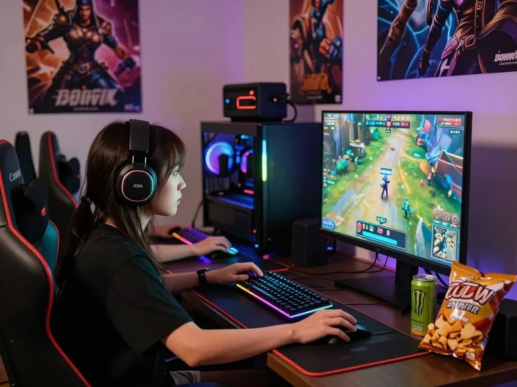 Engaged gamer playing Bomwin on a high-tech setup with vibrant screen and gaming peripherals.
