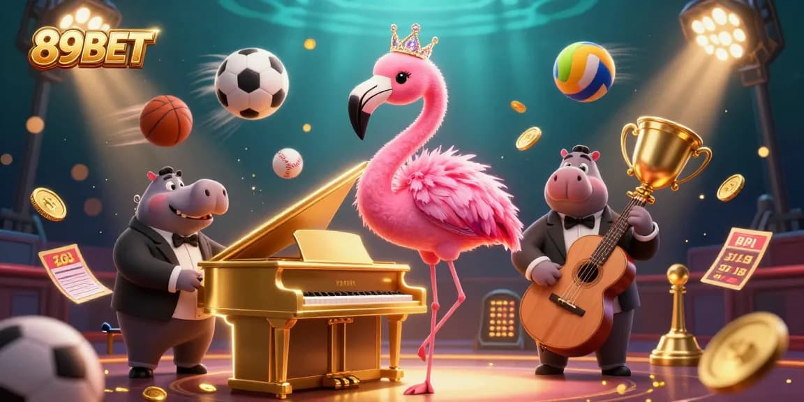 89BET elevates online gaming with a vibrant casino scene featuring unique characters and sports elements.