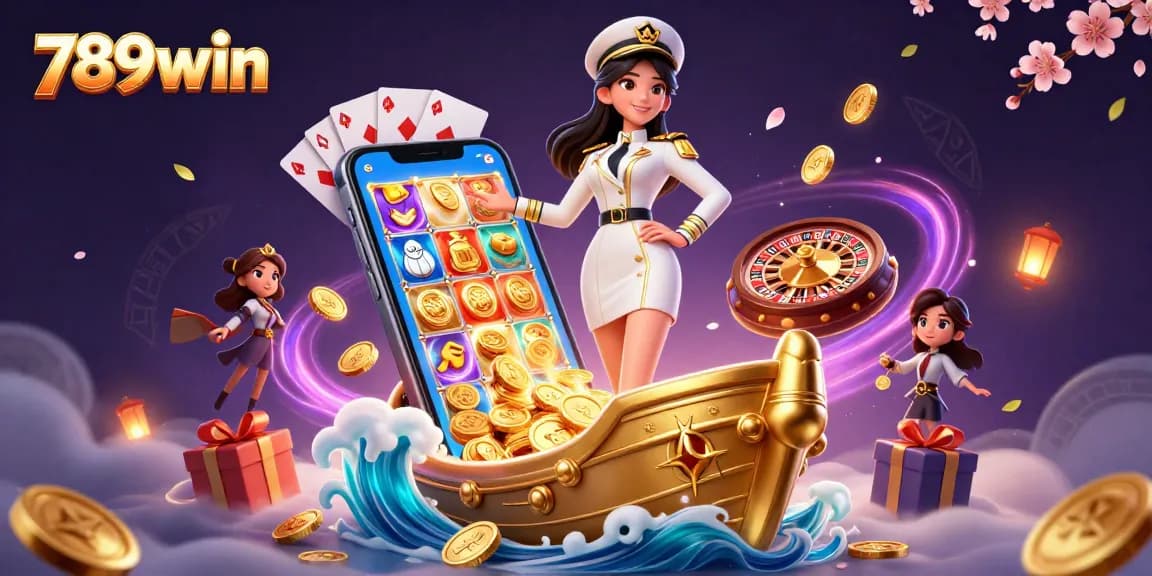 Experience the excitement of 789win with vibrant slot games, golden coins, and a commanding captain.