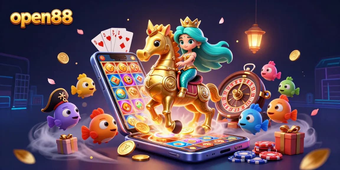 Experience open88's vibrant online gaming landscape with a 3D mermaid and seahorse amid slot games and fortune symbols.