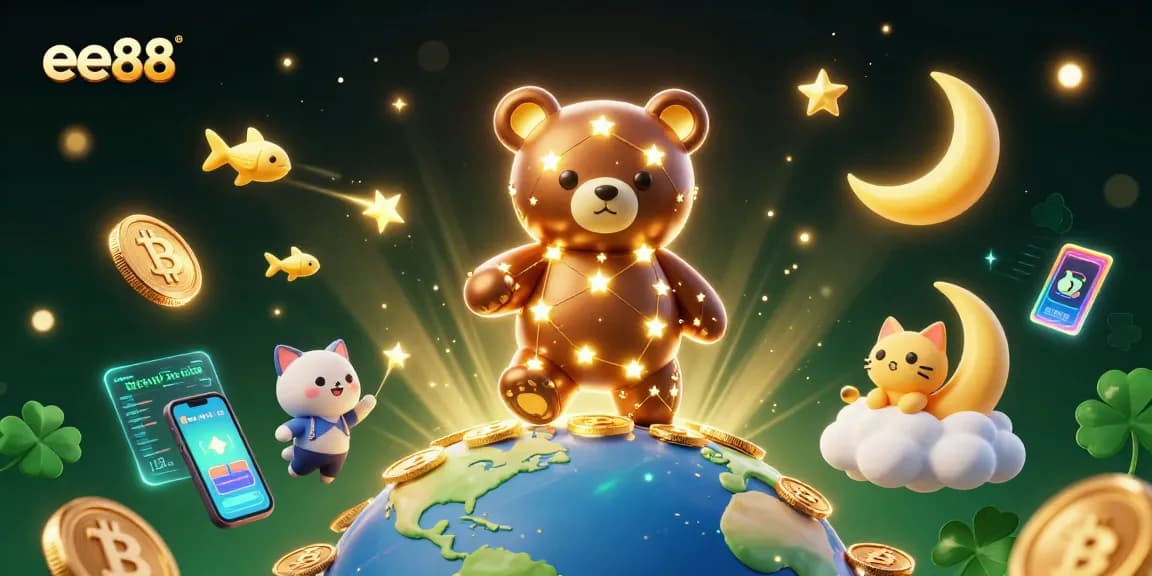 Engage with ee88 as the constellation bear scoops coins amidst vibrant casino visuals in this stunning 3D scene.