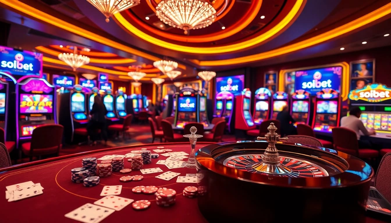 Engaging casino scene with poker and roulette highlighting เว็บตรง soibet for optimal online gambling experience.