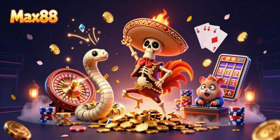 Max88 showcases vibrant characters celebrating wins in a lively casino scene filled with gold and excitement.