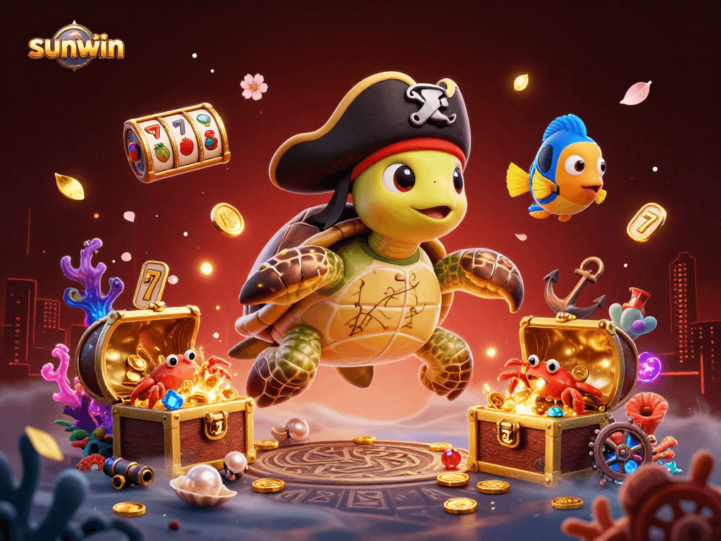 Win big at sunwin with a vibrant scene featuring a cartoon pirate turtle and friends amidst treasure