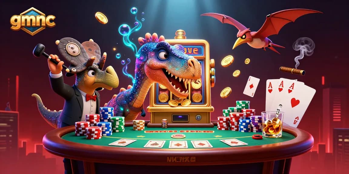 gmnc showcases a dinosaur-themed casino adventure with animated characters and vibrant elements.