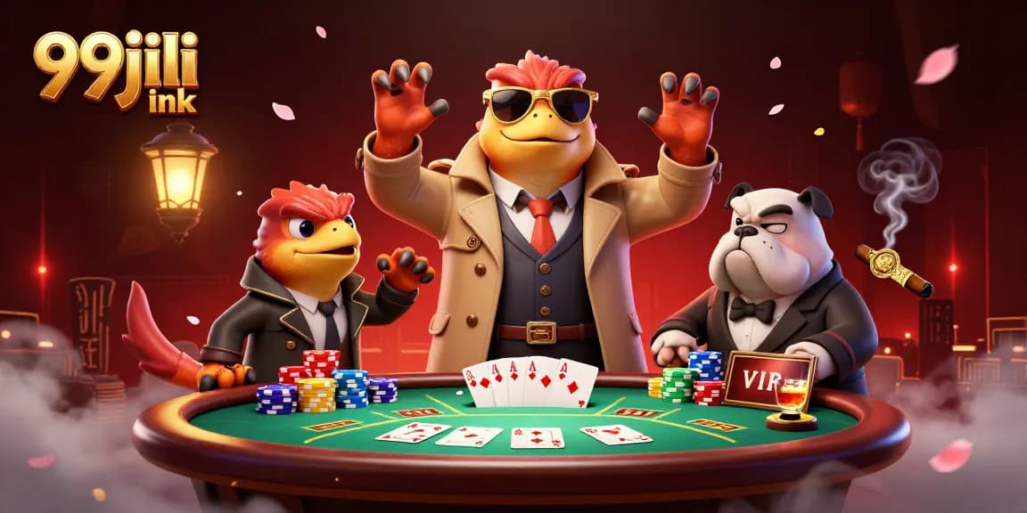 Raptors in a trench coat try to enter a casino as a VIP while showcasing 99jili ink.