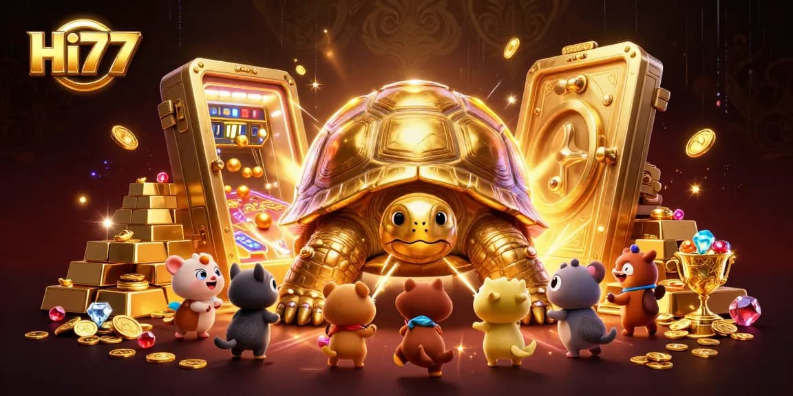 Hi77 engages players in a lively casino atmosphere with a jackpot-winning tortoise character.