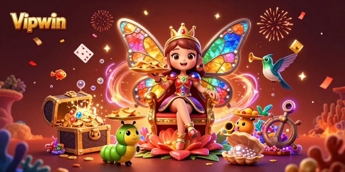 Experience vivid gameplay at Vipwin with a vibrant casino scene showcasing butterfly queen and treasure elements.