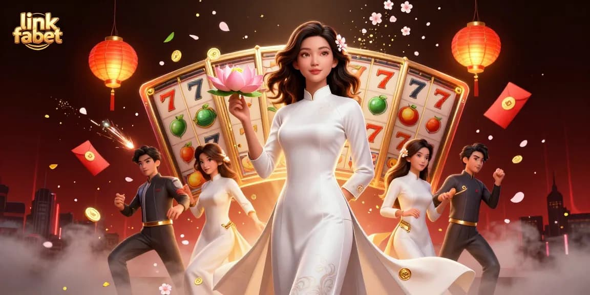 Spin the reels with link fabet at a vibrant casino, showcasing Asian elegance and luck symbols.